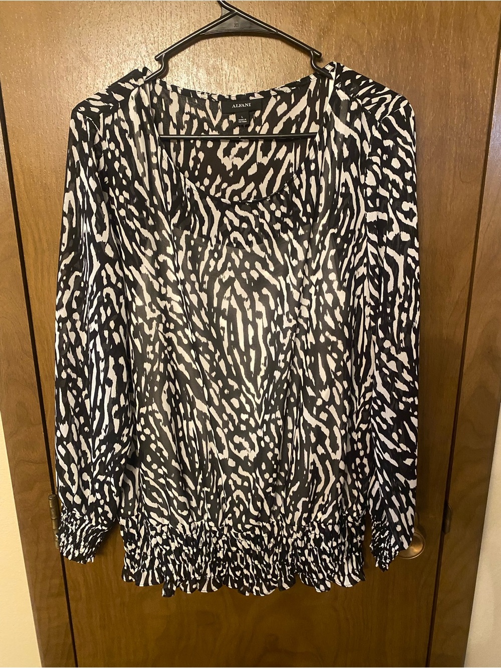 Alfani Black and White Animal Print Long Sleeve Blouse